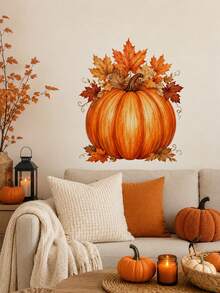 1pc Fall Pumpkin And Maple Leaves Wall Sticker, Autumn Theme PVC Self-Adhesive Wall Decal, Waterproof Removable Autumn Wall Decor, Peel And Stick, For Living Room Bedroom Entryway Party Background, Thanksgiving Home Decoration - Autumn Harvest Theme - View 12