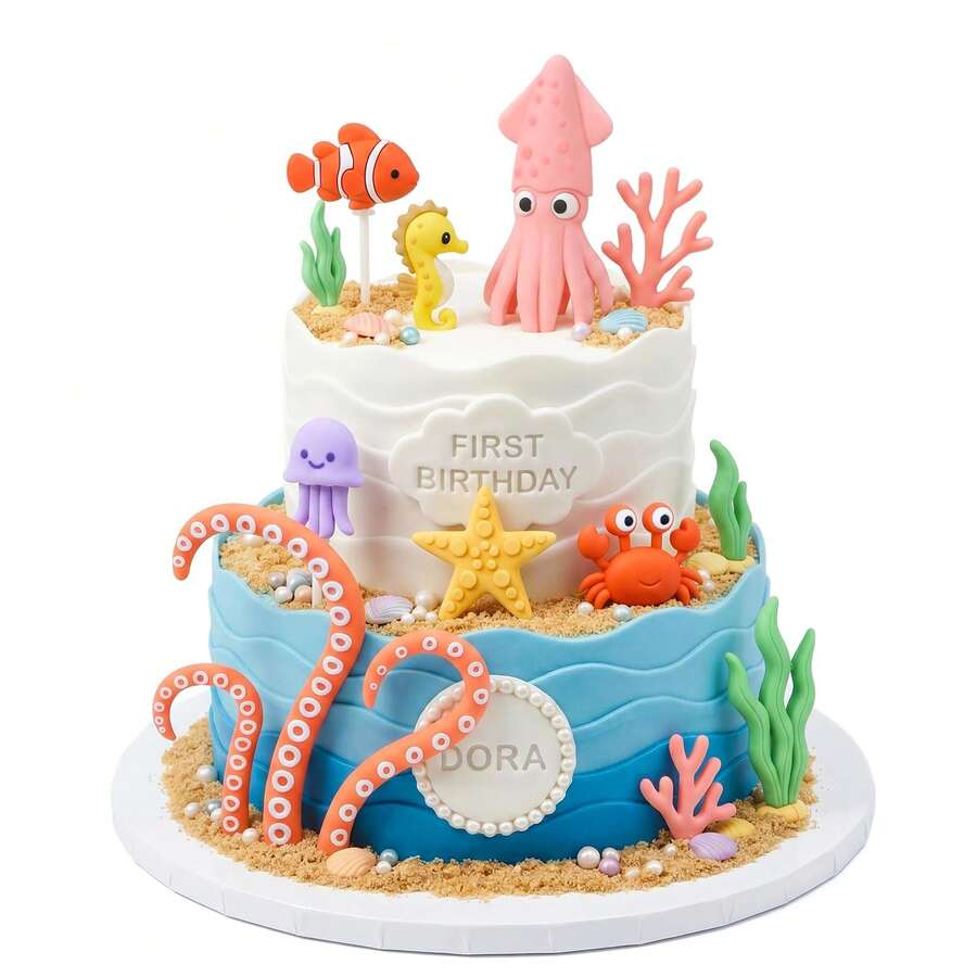 Underwater Cake Decorations, Ocean Cake Decorations, Octopus, Seahorse, Crab, Starfish, Suitable For Ocean Birthday Party, Baptism Party, These Underwater Cake Decorations Are Perfect For Underwater, Ocean Theme Or Mermaid Theme Birthday Party, Ocean Party, Gender Reveal And Tropical Theme Events. This Eye-Catching Display Will Be The Highlight Of Your Dessert Table, Creating Unforgettable Memories For Guests And The Birthday Person. - Multicolor - View 1