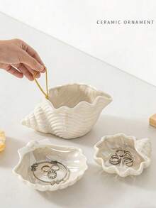 Decorative Ceramic Jewelry Tray, Shell & Starfish Shaped Jewelry Tray, Ocean Themed Decorative Jewelry Tray, Suitable For Rings, Earrings, Necklaces, Bracelets, Jewelry Watches, Keys, Bathroom, Bedroom, Office Accessories. - one-size - View 1