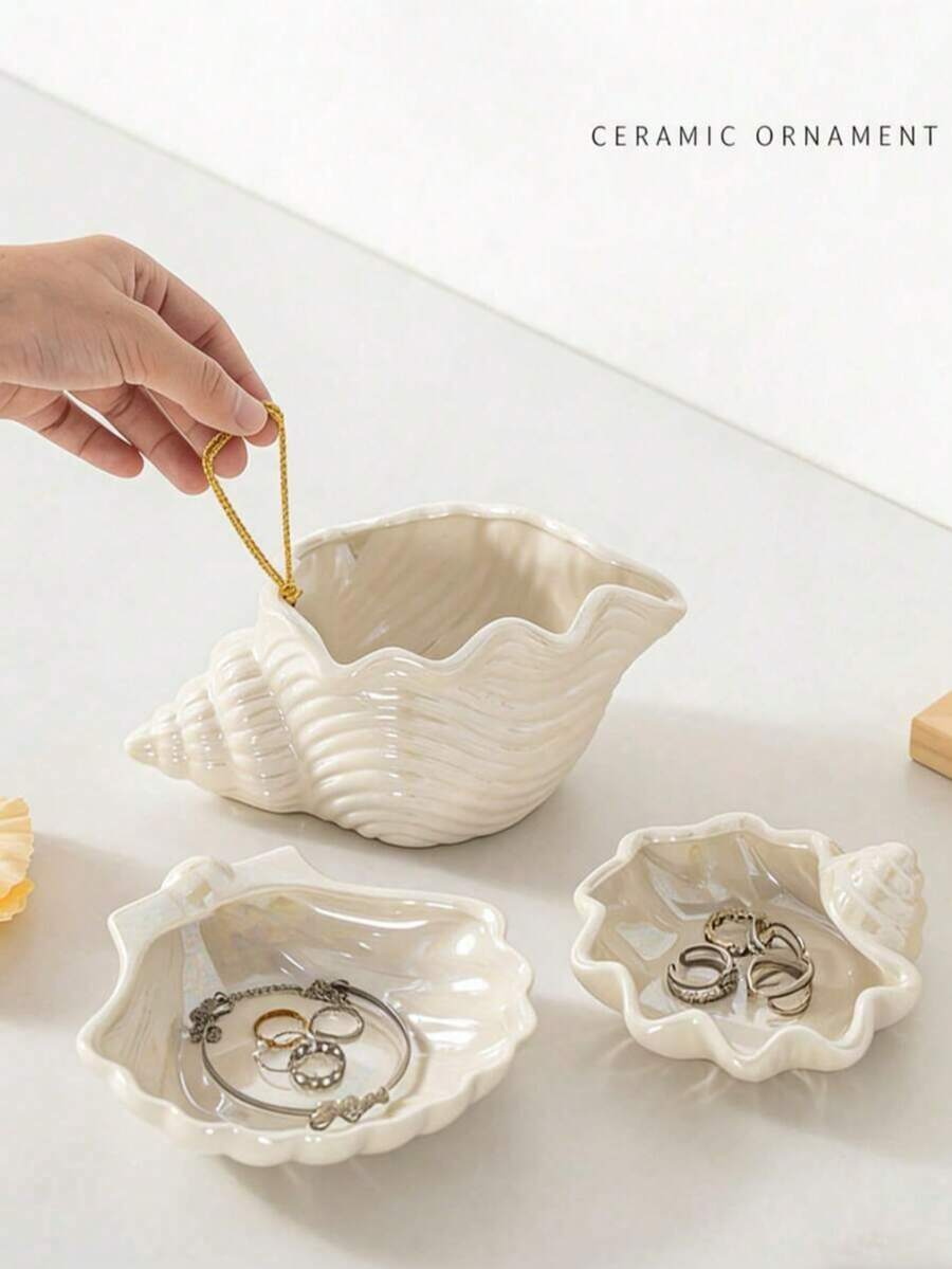 Decorative Ceramic Jewelry Tray, Shell & Starfish Shaped Jewelry Tray, Ocean Themed Decorative Jewelry Tray, Suitable For Rings, Earrings, Necklaces, Bracelets, Jewelry Watches, Keys, Bathroom, Bedroom, Office Accessories. - one-size - View 1