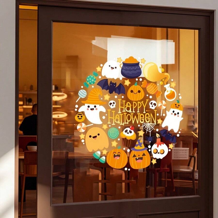 1pc 17.72"X17.72" Halloween Window And Door Sticker, PVC Material, Static Adhesion, Includes Christmas Pumpkin, Ghost, Bat, Spider Web Combination Patterns, Suitable For Halloween Party Decoration - Halloween - View 1