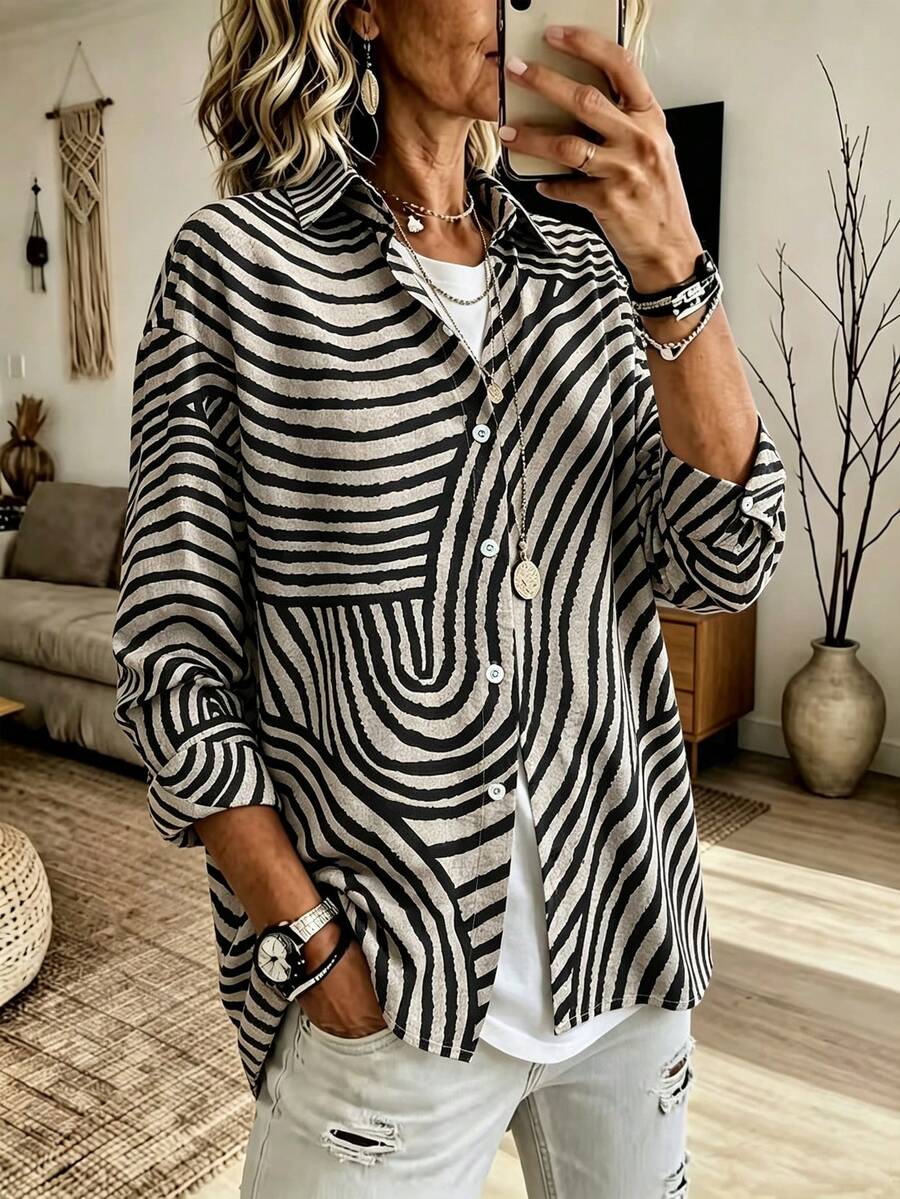 YI XUAN Blus Lengan Panjang Motif Zebra untuk Wanita, Atasan Tenun Kancing Depan Ukuran Besar, Cocok untuk Musim Gugur