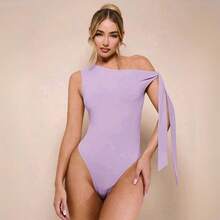 Women's Bodysuit With Tie Bow And Asymmetrical Neckline, Sleeveless, Ideal For Romantic Dates, Casual, Vacation And Summer - 淡紫色 - 查看 8