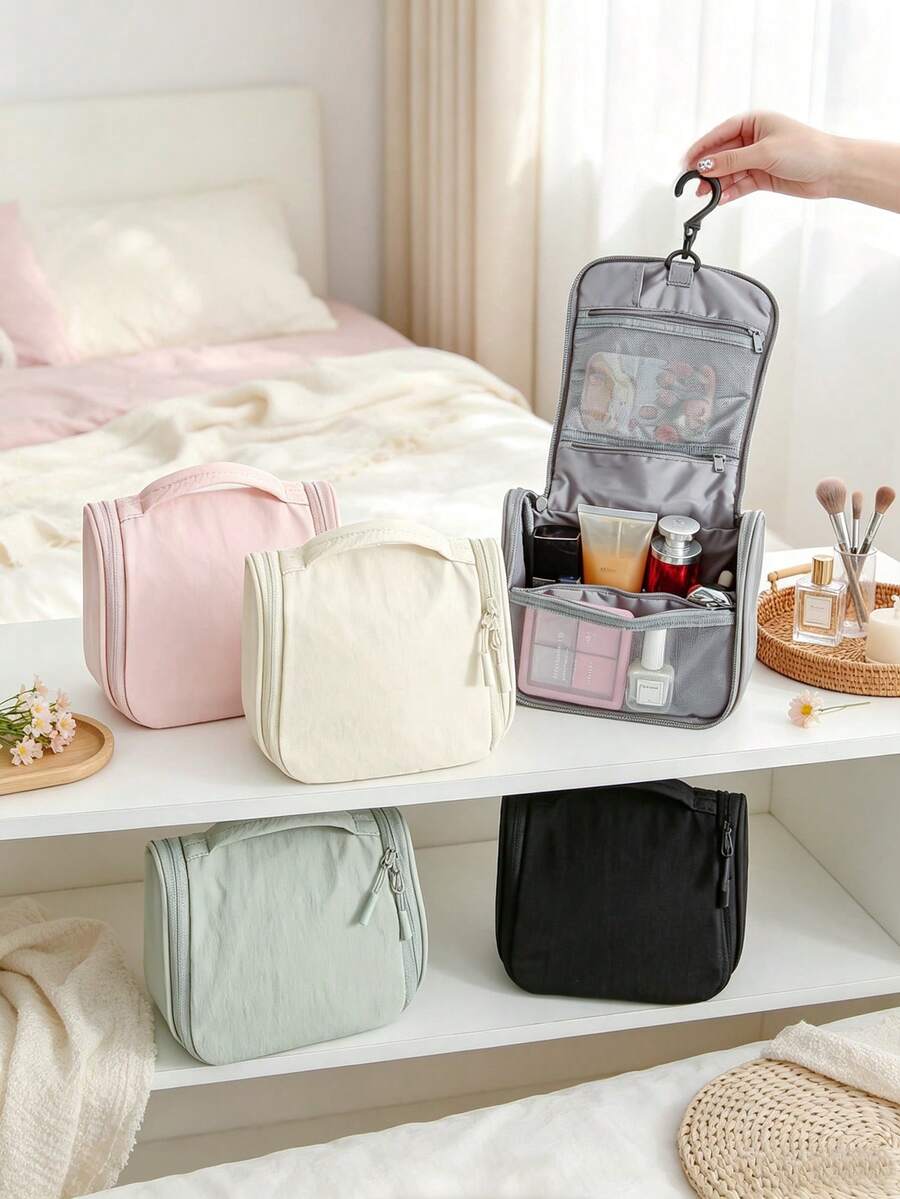 1Pc Plain Waterproof Hanging Hook Travel Toiletry Bag Large Capacity Multi Pocket Foldable Cosmetic Makeup Storage Handbag For Women Trip Gym Shower - Multicolor - View 1