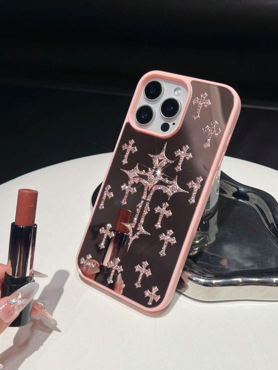 1 pieza Estuche de teléfono 2 en 1 a prueba de golpes con espejo incrustado de cristal de imitación de piel de spray de color gris plateado, adecuado para 14promax/17promax/15promax