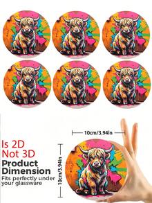 6/1pc Round Wooden Highland Cow Graffiti Print Coaster, Heat-Resistant Coffee Cup Insulation Pad, Colorful Street Art Animal Desktop Decor, Home Kitchen Supplies, Birthday Holiday Party Favor, Gift For Cow Lovers Boyfriend/Girlfriend - Multicolor - View 3