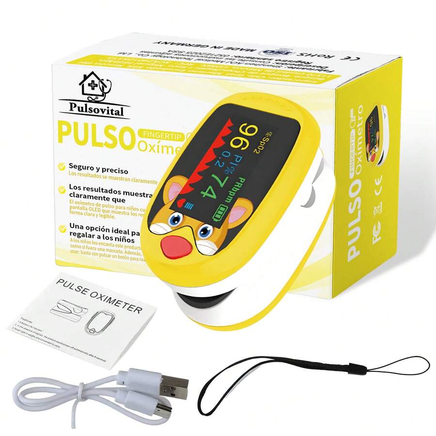 Oxímetro de Pulso Pediátrico Pulsovital Color Rojo | Clip Ergonómico con Calibración Profesional, Uso Doméstico Continuo para Niños