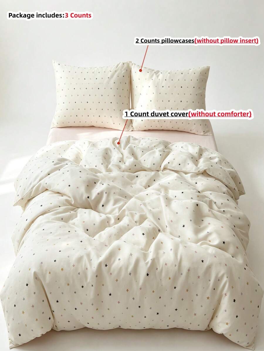 3pcs White Stars Bedding Set Queen Comforter Cover Set Bed Set, Duvet Cover, 1 Soft Comforter Cover And 2 Pillow Shams(Without Any Filling) - White - View 1