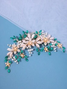 1件優雅手工珍珠花朵髮梳，鮮紅水晶飾品，新娘婚禮頭飾，派對生日公主髮飾 - 綠色 - 查看 4