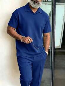 Men's Plus Size 2-Piece Set, Summer Short Sleeve Top And Pants, Men's Plus Size Solid Color T-Shirt Set - Blue - View 4