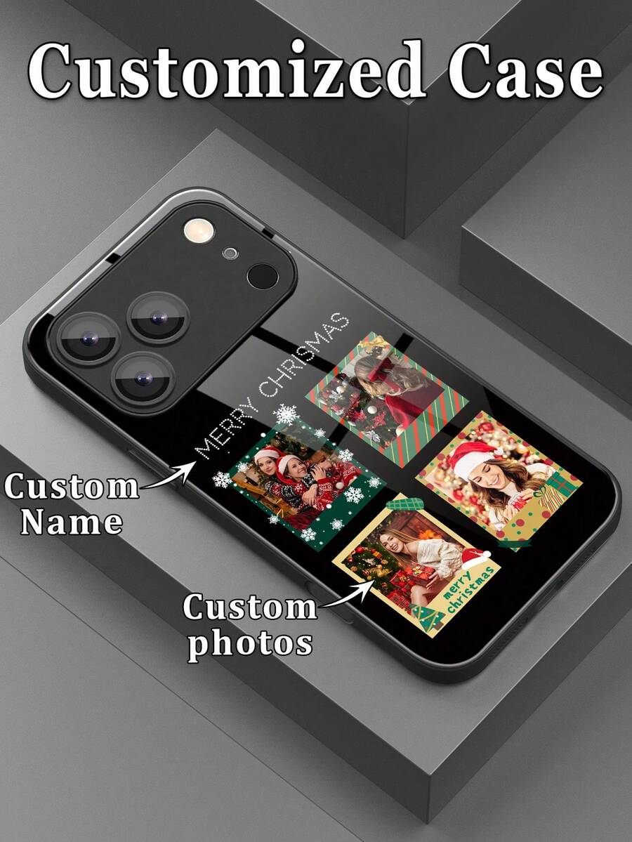 1pc Customized Phone Case With Photo, DIY 4-Piece Christmas Fashion Family/Couple/Pet Creative Phone Case, Compatible With Samsung S24 Ultra/S25 Ultra/S16 Plus & Apple Duo/18 Pro Max/17 Pro Max/16 Pro/15/14 Plus/13 Pro/12 Pro Max/11/Xs Max/8/7/6 Plus Phone Accessories, Personalized Gift, Best Gift For Boyfriend/Girlfriend - Black - View 1