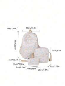 3-Piece Set Blue And White Nylon Casual Fresh Style Strawberry Bow Cherry Pattern All-Over Print Braided Pendant Zipper Pull Large Capacity Foldable Multi-Pocket Zipper Backpack Set Suitable For Women's Daily Matching, College Students' Class Training Bag, Students' School, Outing Shopping Travel Storage Bag - Blue and White - View 5