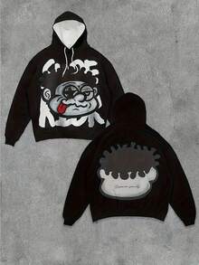 Men's Casual Polyester Hooded Sweatshirt With Cartoon Print, Knitted Fabric With Slight Elasticity, Regular Fit, Suitable For All Seasons, Black Hoode - Black - View 5