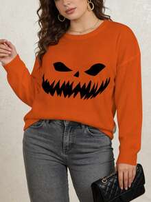 ASHKATIA Women's Sweater, Plus-Size Clothing For Autumn And Winter, Plus-Size Halloween Clothing, Ghost Face Pattern Print, Outfit For Halloween Party - Multicolor - View 11
