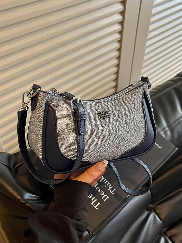 Elegante bolso de axila con borde de contraste, correas desmontables para hombro y bandolera, cierre de cremallera para citas casuales, viajes cortos y uso al aire libre - Azul - Añade 5