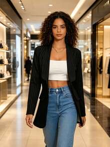 Women's Elegant Lapel Striped Casual Jacket - 黑色 - 查看 4