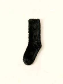 1/3/5 Pairs Autumn/Winter Solid Color Mink Fur Warm Fuzzy Mid-Calf Socks For Women, Couples Winter Floor Socks - Black - View 6