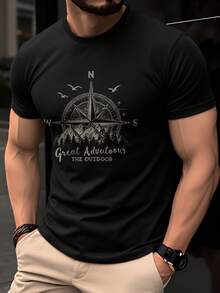 Camiseta de hombre 100% algodón, de manga corta y ligera para verano, de corte ajustado, moderna y a la moda, con cuello redondo transpirable, casual y versátil para el día a día y aventuras - Negro - Ver 1