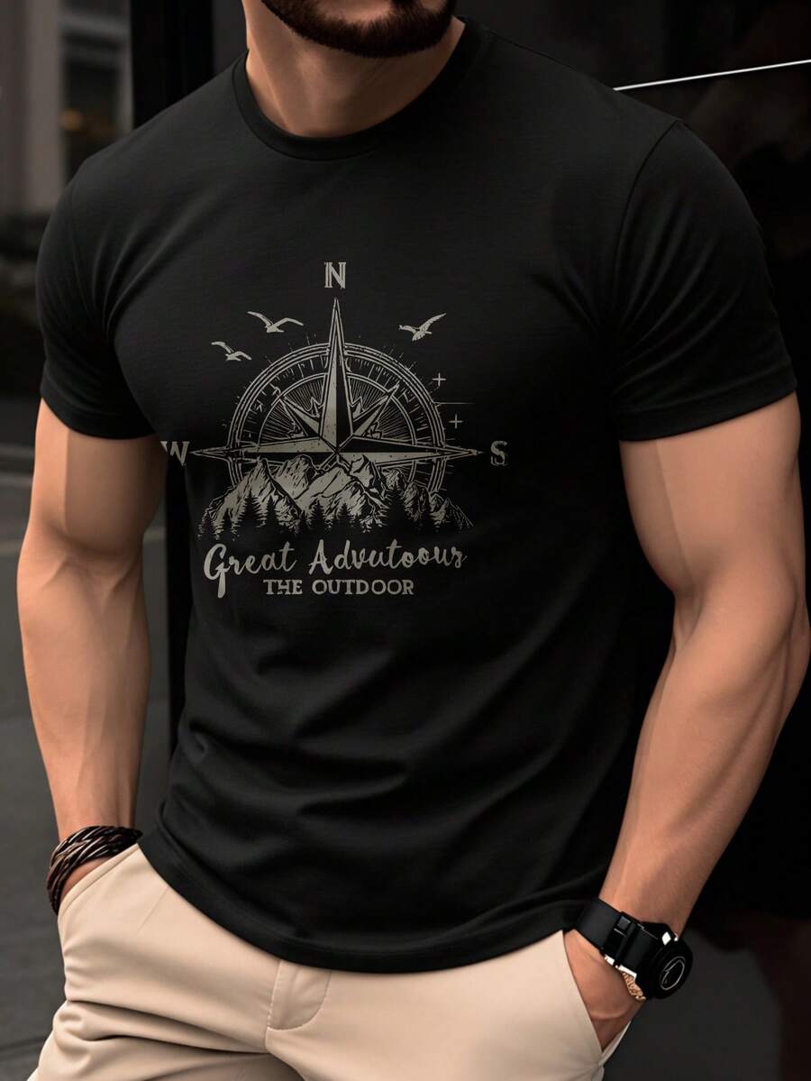 Camiseta de hombre 100% algodón, de manga corta y ligera para verano, de corte ajustado, moderna y a la moda, con cuello redondo transpirable, casual y versátil para el día a día y aventuras - Negro - Ver 1