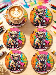 6/1pc Round Wooden Highland Cow Graffiti Print Coaster, Heat-Resistant Coffee Cup Insulation Pad, Colorful Street Art Animal Desktop Decor, Home Kitchen Supplies, Birthday Holiday Party Favor, Gift For Cow Lovers Boyfriend/Girlfriend - Multicolor - View 8