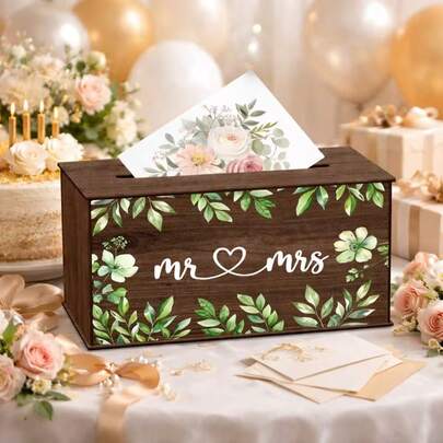 Wooden Wedding Guest Sign-In Box, Forest Green Leaf Print Wedding Guest Card Storage Box