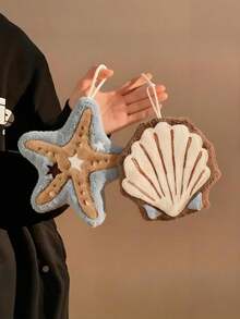 Cute Ocean Theme Hanging Towel, Soft Absorbent Plush Material, Starfish And Shell Design, With Hanging Ring, Suitable For Bathroom And Kitchen Decoration - Coffee Brown - View 1