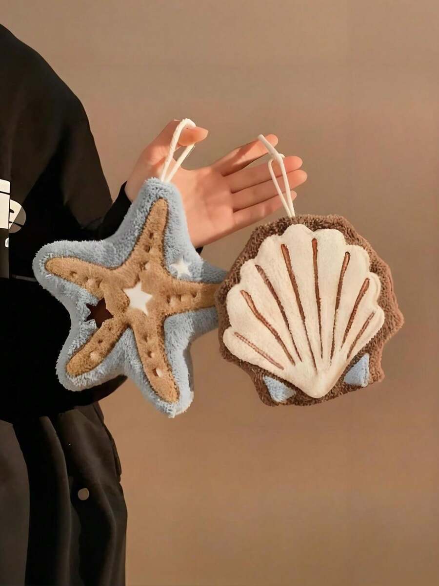 Cute Ocean Theme Hanging Towel, Soft Absorbent Plush Material, Starfish And Shell Design, With Hanging Ring, Suitable For Bathroom And Kitchen Decoration - Coffee Brown - View 1
