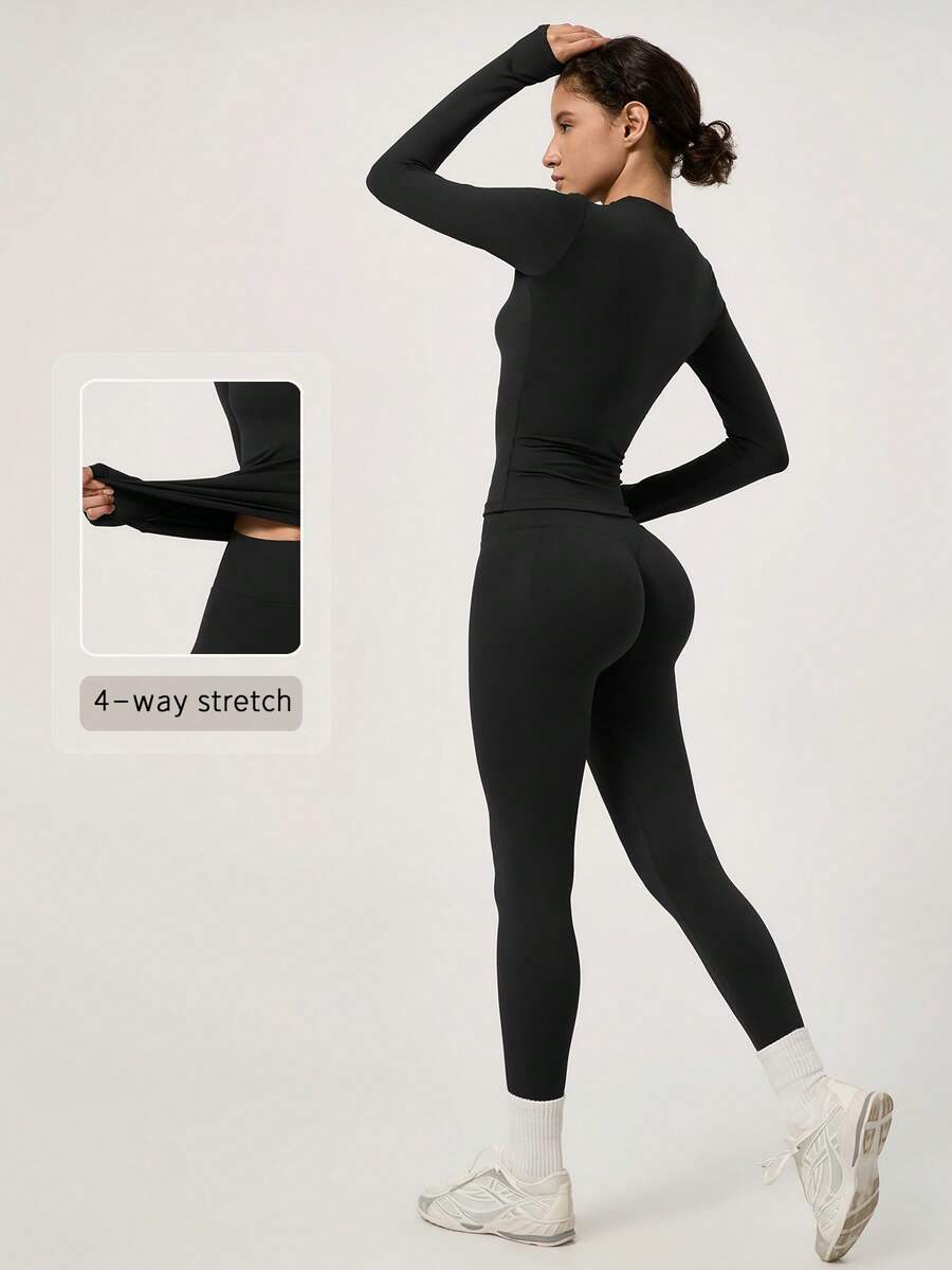 NcmRyu Women's One Set Solid Color Seamless Round Neck Short Sleeve Butt-Lifting Tight Cropped Pants Sports Outfit - Black - View 1