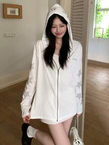 Rhinestone + Sword Zipper Pull + Gunmetal Zipper Casual Sun Protection Cover-Up Shirt For Women White - White - View 1