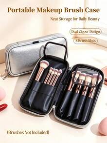 1pc Handheld Makeup Brush Storage Bag, Silver, Double Zipper, Travel Portable, Multi-Compartment, Dust-Proof Makeup Bag (Makeup Brushes Not Included) - Multicolor - View 2