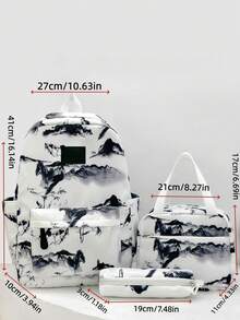 Ins Style Ink Wash Mountain Watermark High-Density Soft Nylon Backpack 3 Pieces Set With Multiple Compartments, Stress-Relief Wide Strap, Daily Commute And Travel - Multicolor - View 4