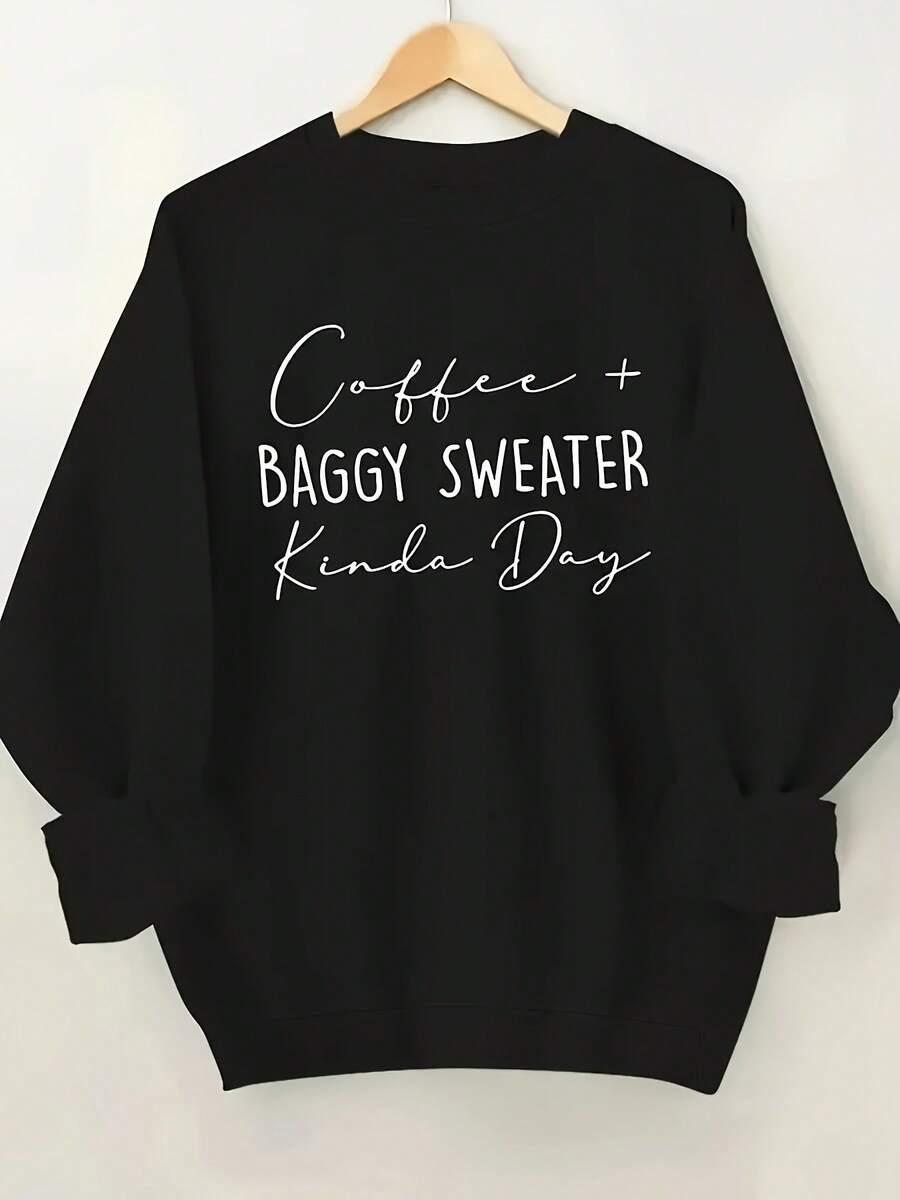 Sudadera Casual con Estampado Gráfico y Cuello Redondo para Mujer, Tallas Grandes, Ropa para Otoño y Primavera, Uso Diario Casual, Manga Corta - Negro - Ver 1