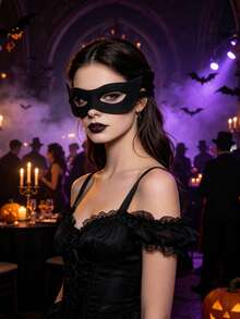 1pc Halloween Black Cat Eye Mask, Women's Black PU Leather Mask. Suitable For Halloween Party Cosplay - A - View 2