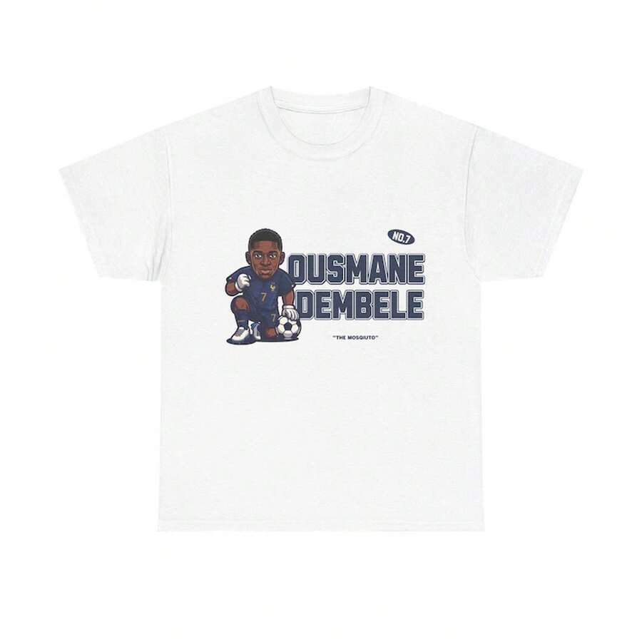 Ousmane Dembele Cartoon T-Shirt, France Soccer Player Graphic Tee, Oversized Streetwear - 白色 - 查看 1