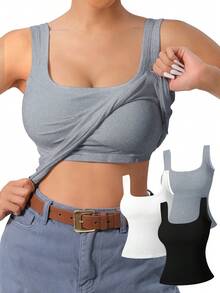 3pcs Women's Ribbed Built-In Bra Pajama Tank Tops, Scoop Neck Slim Fit Sleeveless Sleepwear Tops For Lounge, Home And Daily Wear - 灰+白+黑 - 查看 1