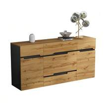 Aparador de salón 160*40*80 cm, aparador bajo con 2 puertas y 4 cajones, aparador de comedor, amplios compartimentos sin tirador, mueble auxiliar para sofá, color madera + negro - Color natural - Ver 10