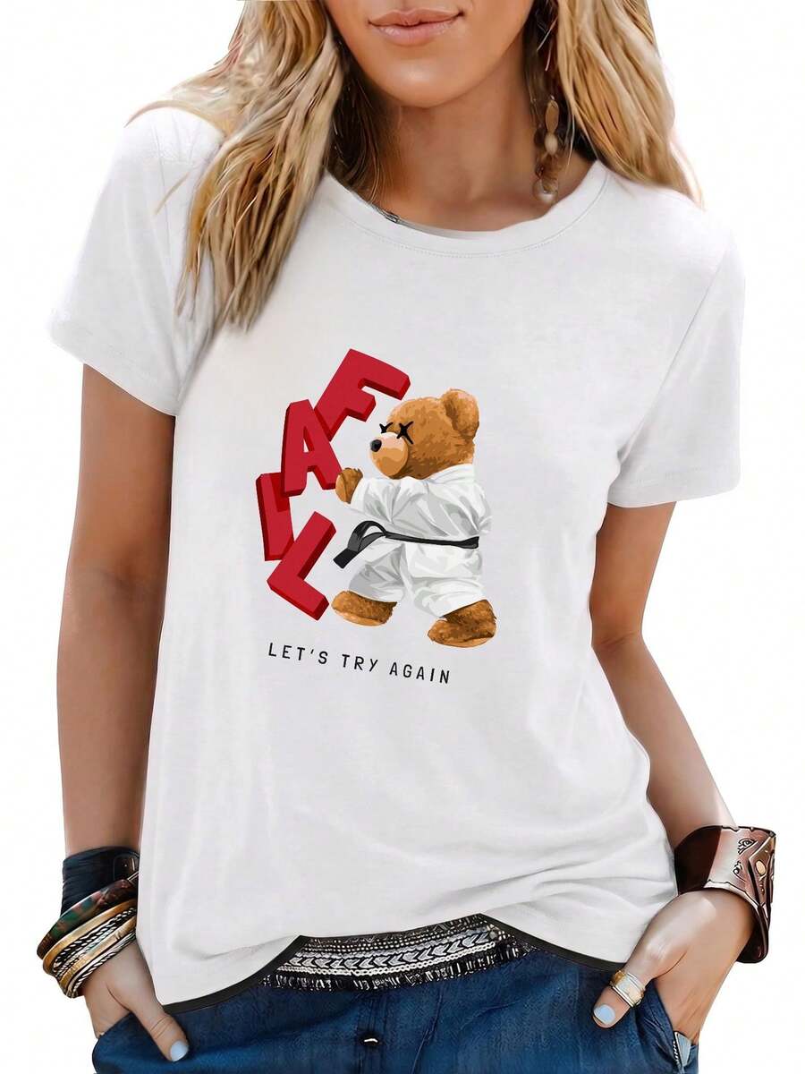Women Cute Cartoon Graphic T-Shirt, Crew Neck Short Sleeve Casual Loose Fit Tee, Summer Daily Basic Tops - White - View 1
