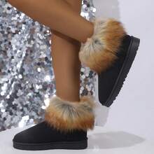 Black Fold-Over Gradient Short Snow Boots, Thick Fleece Lining Flat Sole Winter Slimming Ankle Boots - Black - View 2