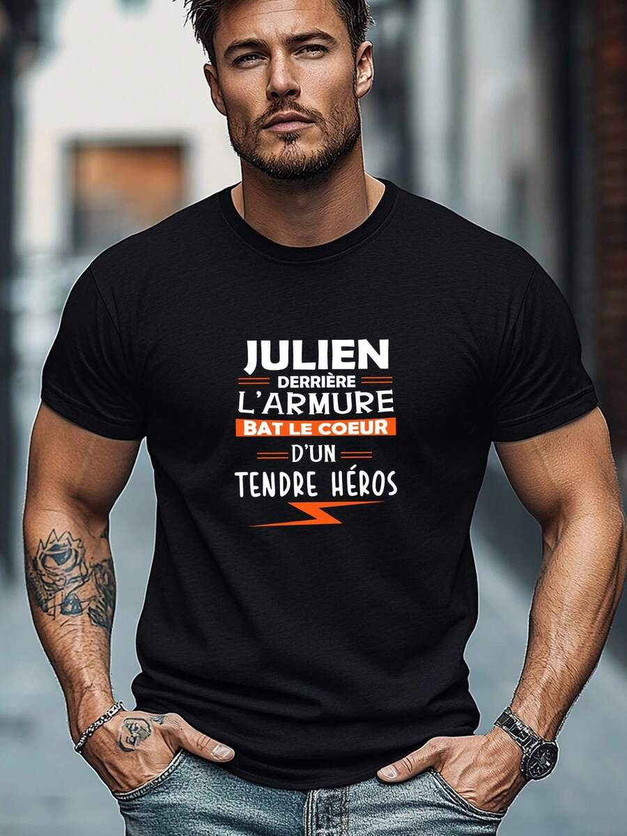 Camiseta de manga corta informal de verano con estampado de eslogan JULIEN para hombre - Negro - Ver 1