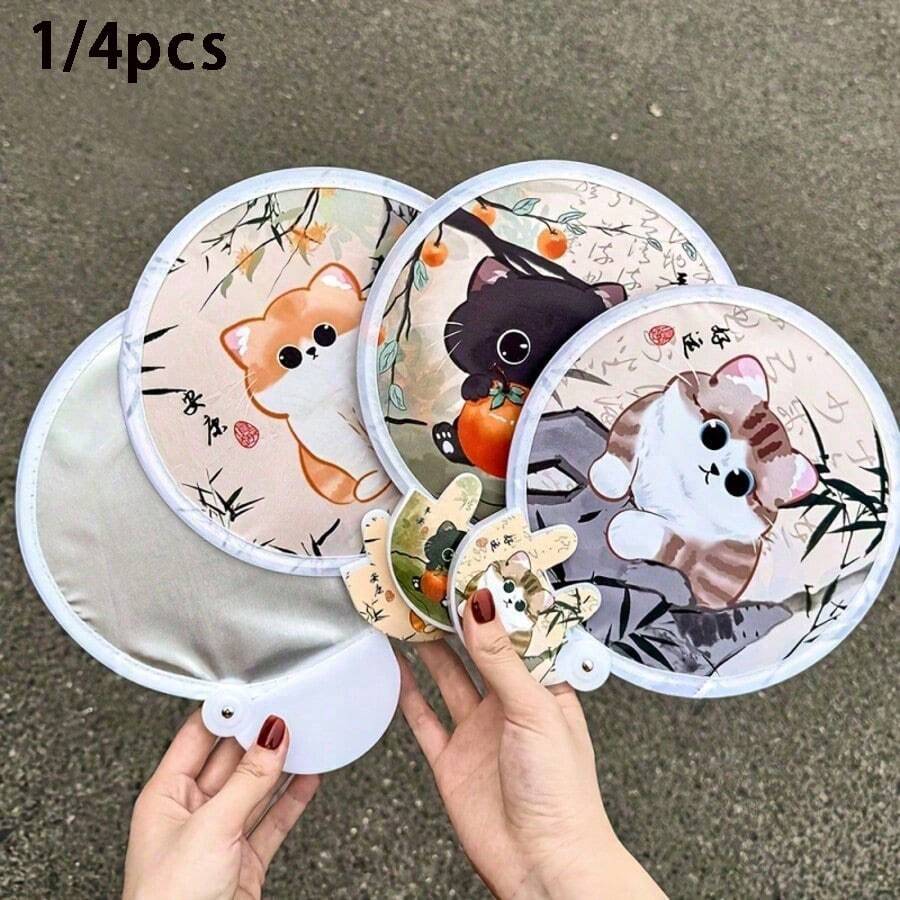 1/4pcs Multifunctional Folding Fan 2-In-1 Folding Fan/Reflector, Summer Essential Reflector Fan, Comes With Storage Bag, Cute Cat Design, Multiple Styles Available, Exquisite Gift For Friends, Birthday And Holiday Gift - Multicolor - View 1