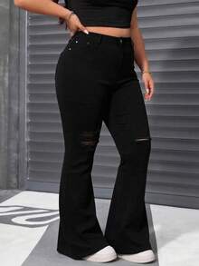 Curvy‑Size Pantalones campana de cintura alta con gran elasticidad, roturas con flecos que elevan glúteos ideal para figuras curvy - Negro - Ver 3