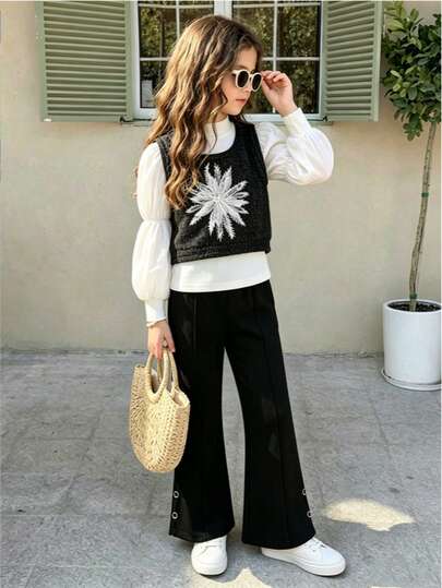 Girls Lace Snowflake Knit Vest + Puff Sleeve Inner Top + Button-Front Flared Pants 3 Pieces Set Autumn Outfit