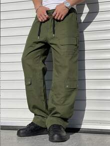 1pc Men's Army Green Cargo Pants, Drawstring Waist Woven Twill Straight Leg Multi-Pocket Rivet Casual Long Pants, Suitable For Daily Commute And Outdoor Sports - Green - View 1