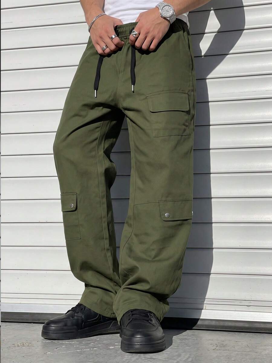 1pc Men's Army Green Cargo Pants, Drawstring Waist Woven Twill Straight Leg Multi-Pocket Rivet Casual Long Pants, Suitable For Daily Commute And Outdoor Sports - Green - View 1