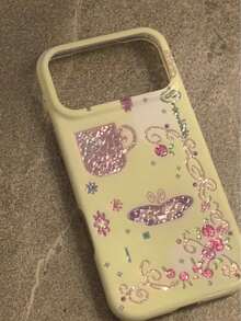 Vintage vergoldetes Schmetterling & Blumen Tassen Design Handyhülle kompatibel mit iPhone 17 Pro Max, 16 Pro, 13, 14 Pro, 15 Pro, kreative vollständige Abdeckung doppelschichtige stoßfeste Handyhülle für Frauen - Verschiedenfarbig - Übersicht 2