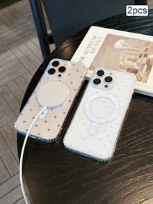 2 piezas Funda magnética para teléfono con estampado de corazón pequeño, TPU a prueba de golpes, cobertura completa, protección precisa, compatible con Apple 11/12/13/14/15/16/17 Pro Max - transparente - Ver 4