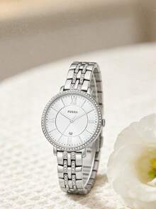 FOSSIL Silver Crystal Bezel Roman Numeral Dial Stainless Steel Bracelet Ladies Quartz Watch ES3545 - Silver - View 1