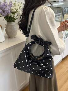 Polka Dot Pattern Handbag Crescent Bag Women's Pleated Bag Solid Color Cloud Crescent Bag Bow Tie Drawstring Casual Bag Shopping Women's Bag Shoulder Crossbody Bag Gift Shopping Commuting - Black - View 3