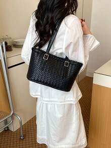 Commuter Handmade Woven Bag 2026 Spring/Summer New Large Capacity Textured Tote Bag Shoulder Handbag - Black - View 3