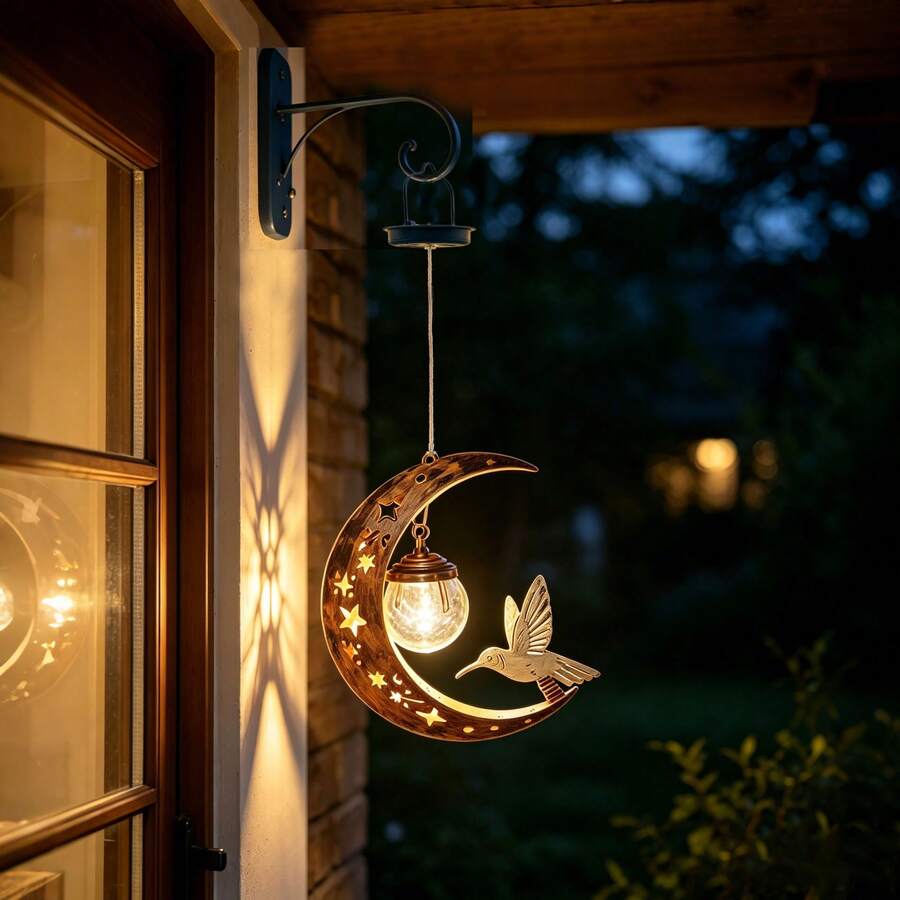 Vintage Solar Powered Hanging Moon Light With Hummingbird Hollow Design, Metal Crescent Moon Shaped Outdoor Decorative Lantern For Garden - Hummingbird Pendant Light - View 1